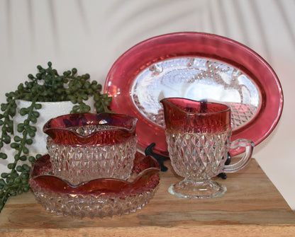 Vintage Indiana Glass Cranberry Rimmed Creamer Sugar Bowl & Underplate