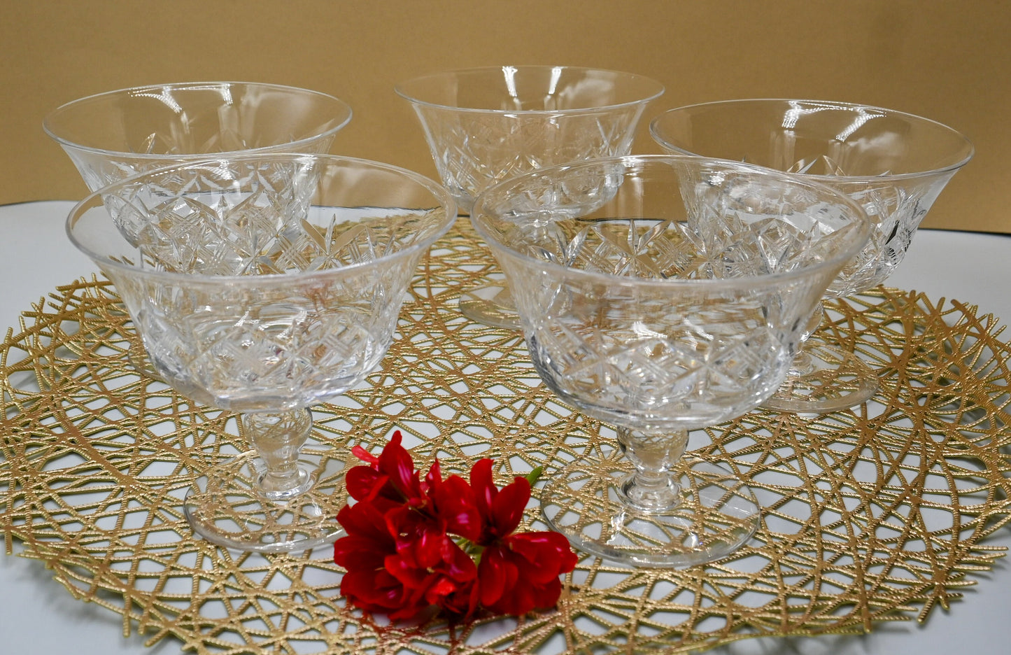 Vintage Tudor Crystal Sweets/cocktail/champagne coupes. Set of 5