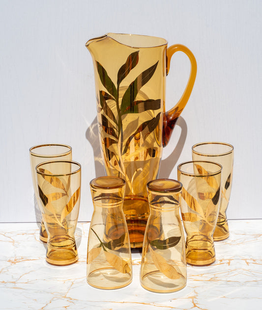 Vintage Amber and Gold leaf motif Water Set. Pitcher with 6 tall tumbler glasses.