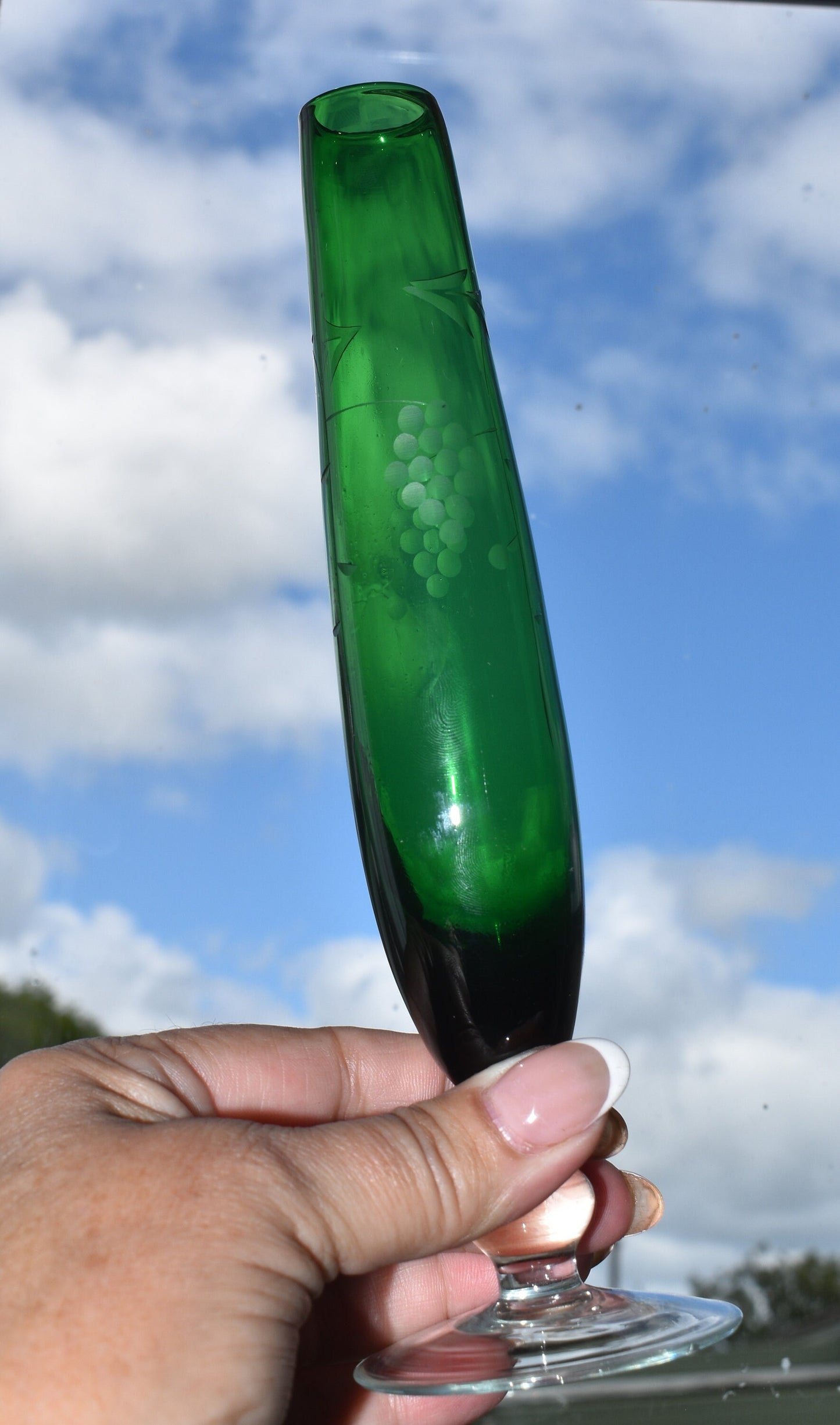 Vintage Emerald Green footed bud vase with etched design.