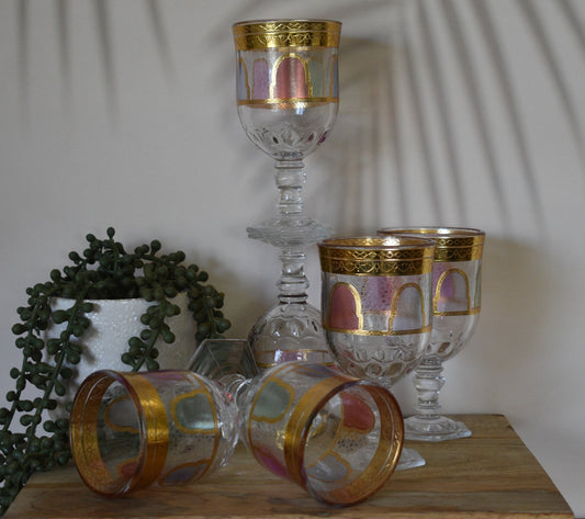 Goblet style Wine glasses with gold trim and coloured panels. Set of 6