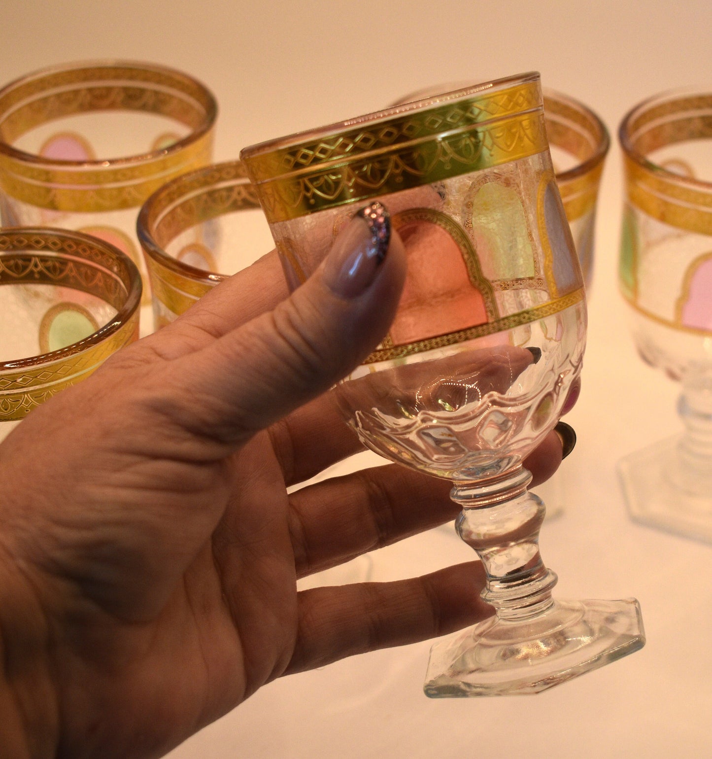Goblet style Wine glasses with gold trim and coloured panels. Set of 6