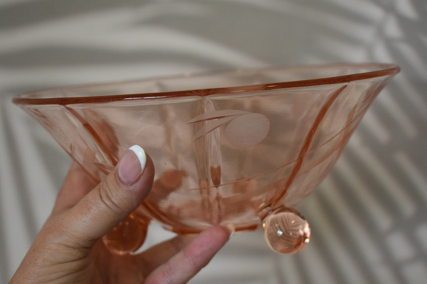 Pink Depression Etched Glass footed bowl.