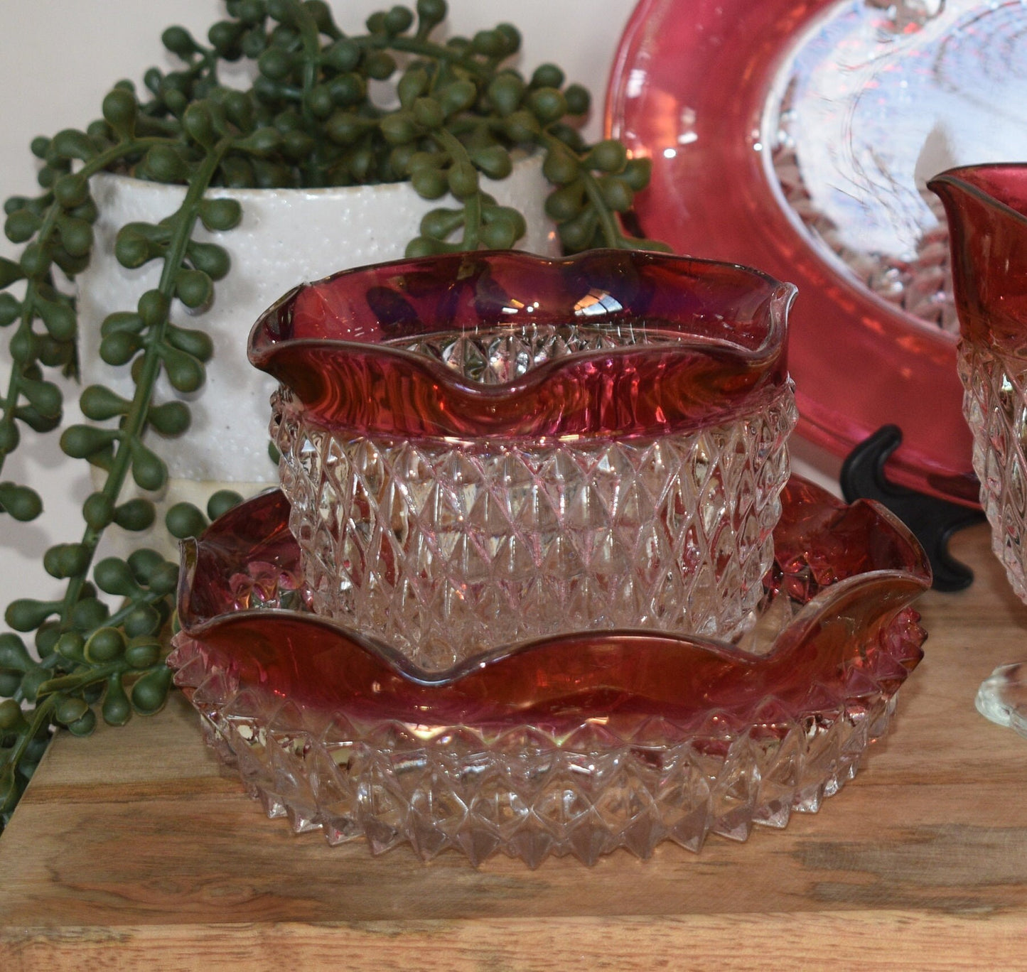 Indiana Glass Diamond Point Ruby Band Collection Sauce/Mayo Set MCM