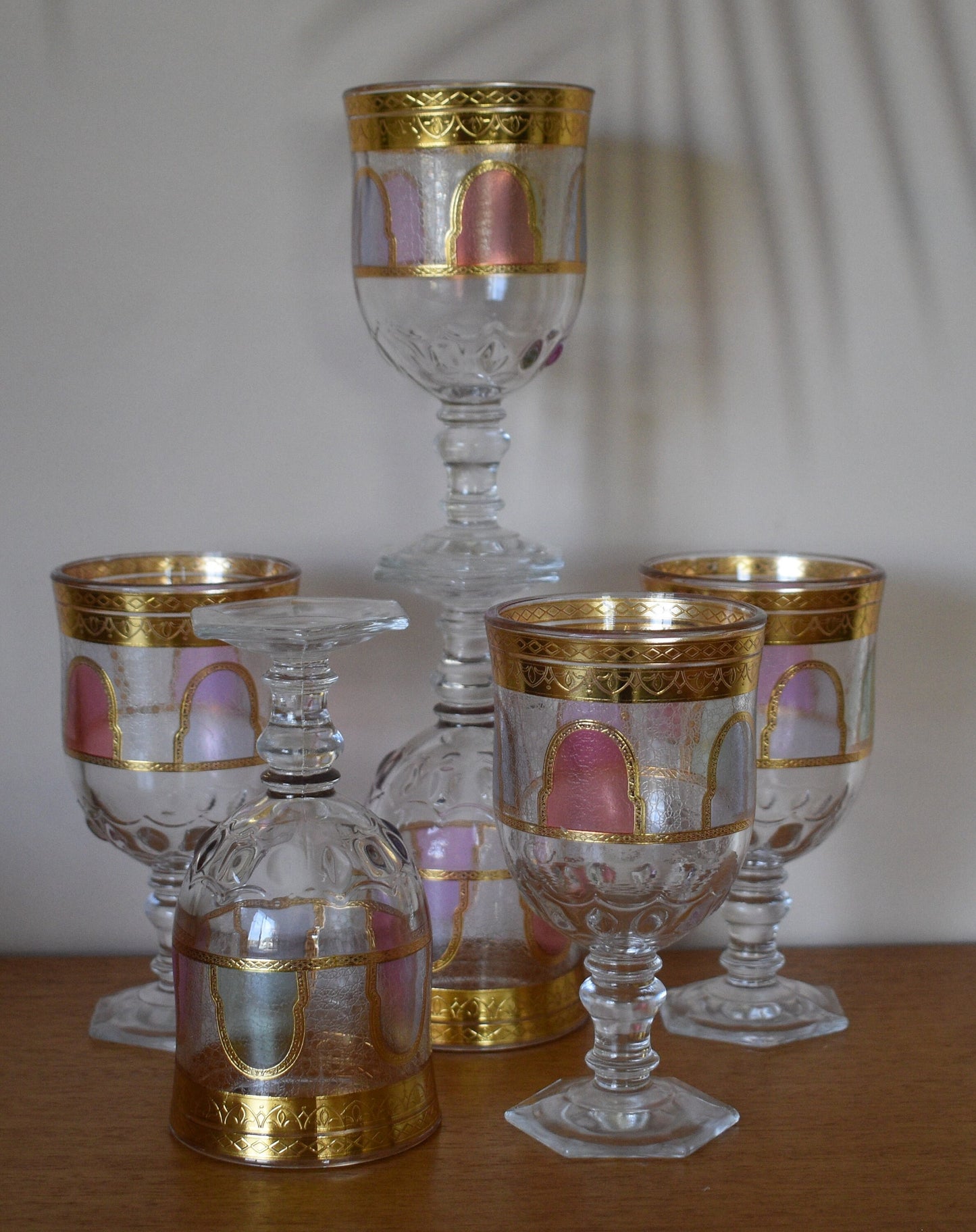 Goblet style Wine glasses with gold trim and coloured panels. Set of 6