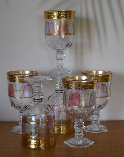 Goblet style Wine glasses with gold trim and coloured panels. Set of 6