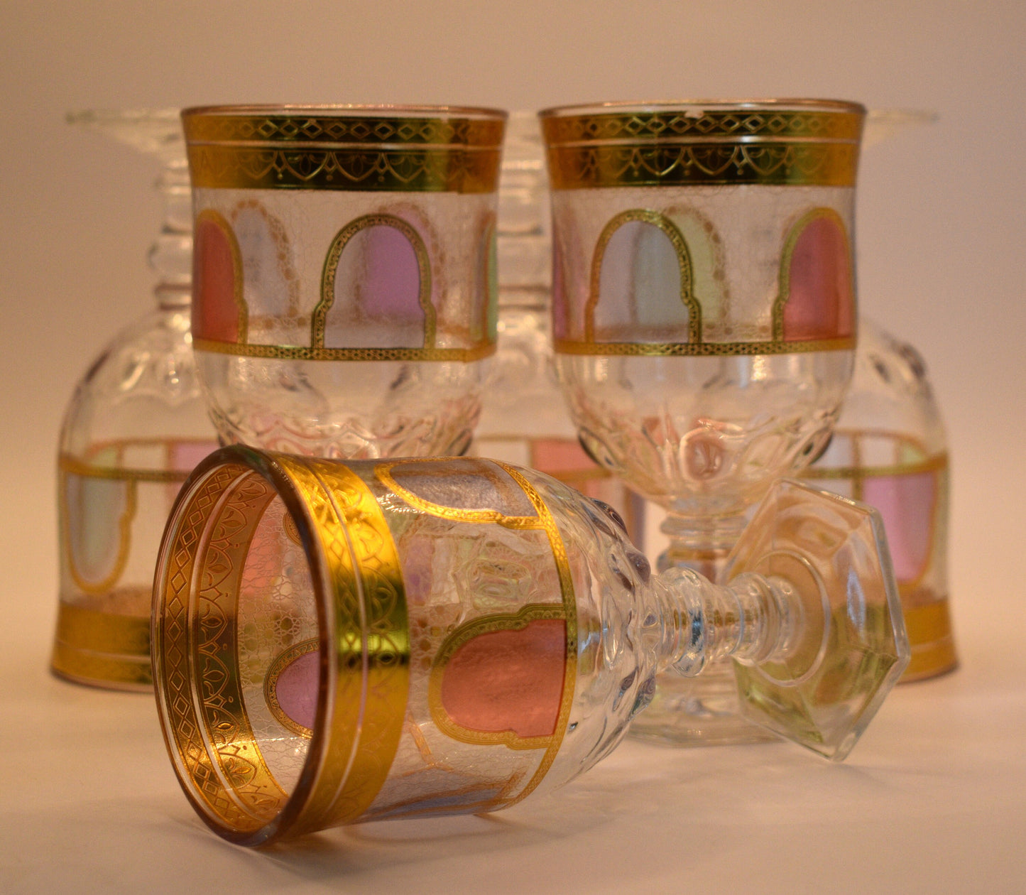 Goblet style Wine glasses with gold trim and coloured panels. Set of 6