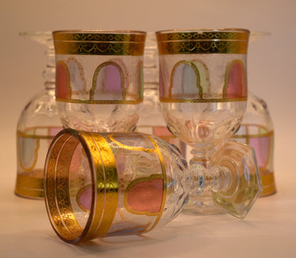 Goblet style Wine glasses with gold trim and coloured panels. Set of 6