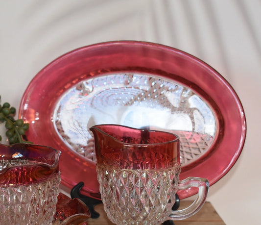 Vintage Indiana Glass Cranberry Rimmed Creamer Sugar Bowl & Underplate