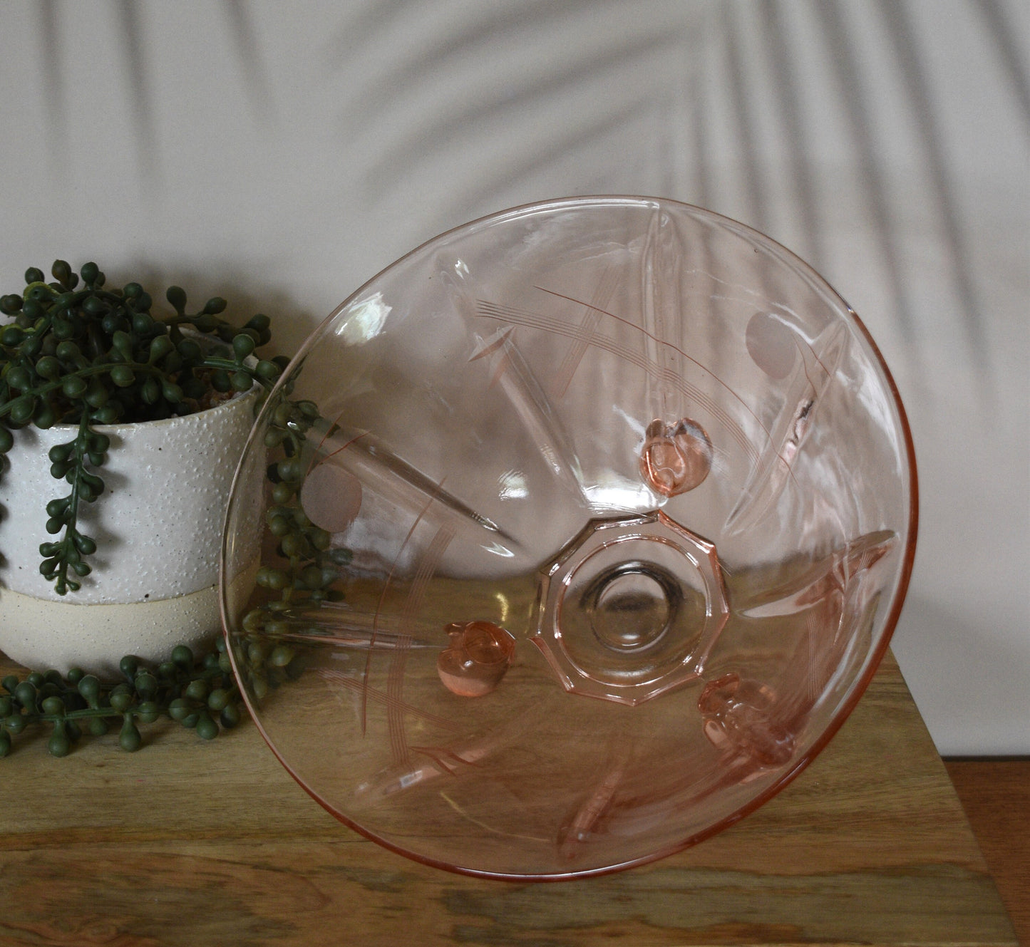 Pink Depression Etched Glass footed bowl.