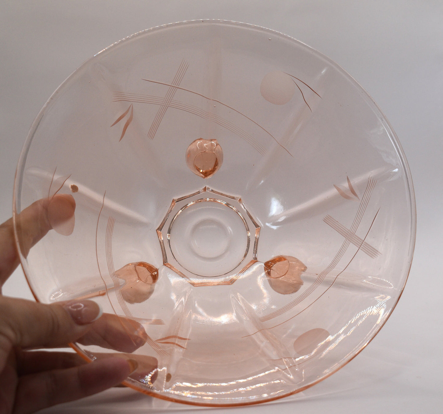 Pink Depression Etched Glass footed bowl.