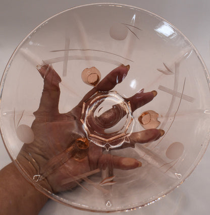 Pink Depression Etched Glass footed bowl.