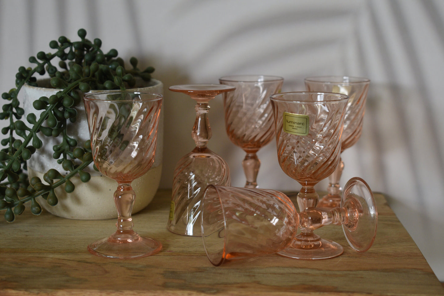 Small Vintage Luminarc Liqueur/Port Glasses. Rosaline Pink Swirl. Made in France. Set of 6