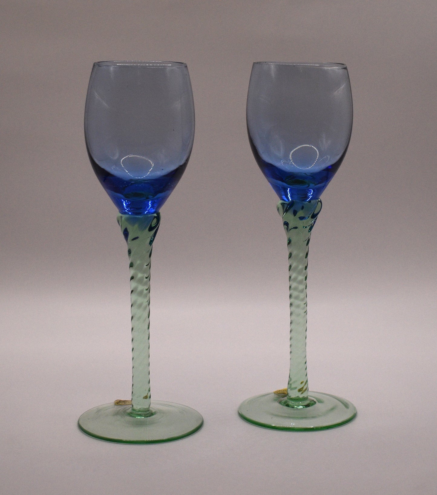 Tall Green twisted stemmed Cordial Glass or Shot Glass with blue bowl. Set of 2