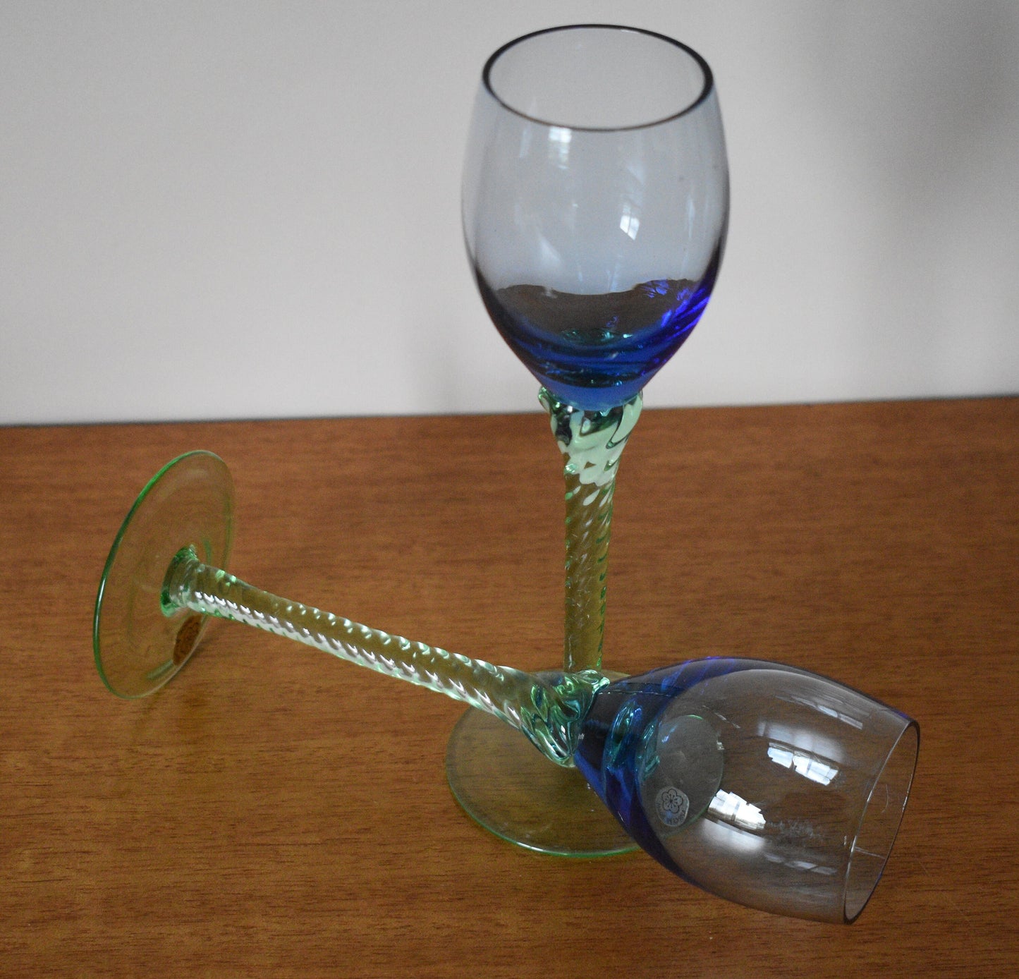 Tall Green twisted stemmed Cordial Glass or Shot Glass with blue bowl. Set of 2