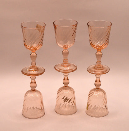 Small Vintage Luminarc Liqueur/Port Glasses. Rosaline Pink Swirl. Made in France. Set of 6