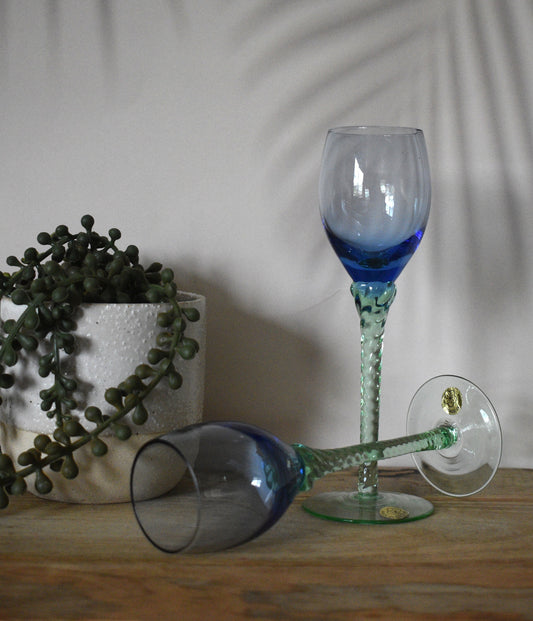 Tall Green twisted stemmed Cordial Glass or Shot Glass with blue bowl. Set of 2